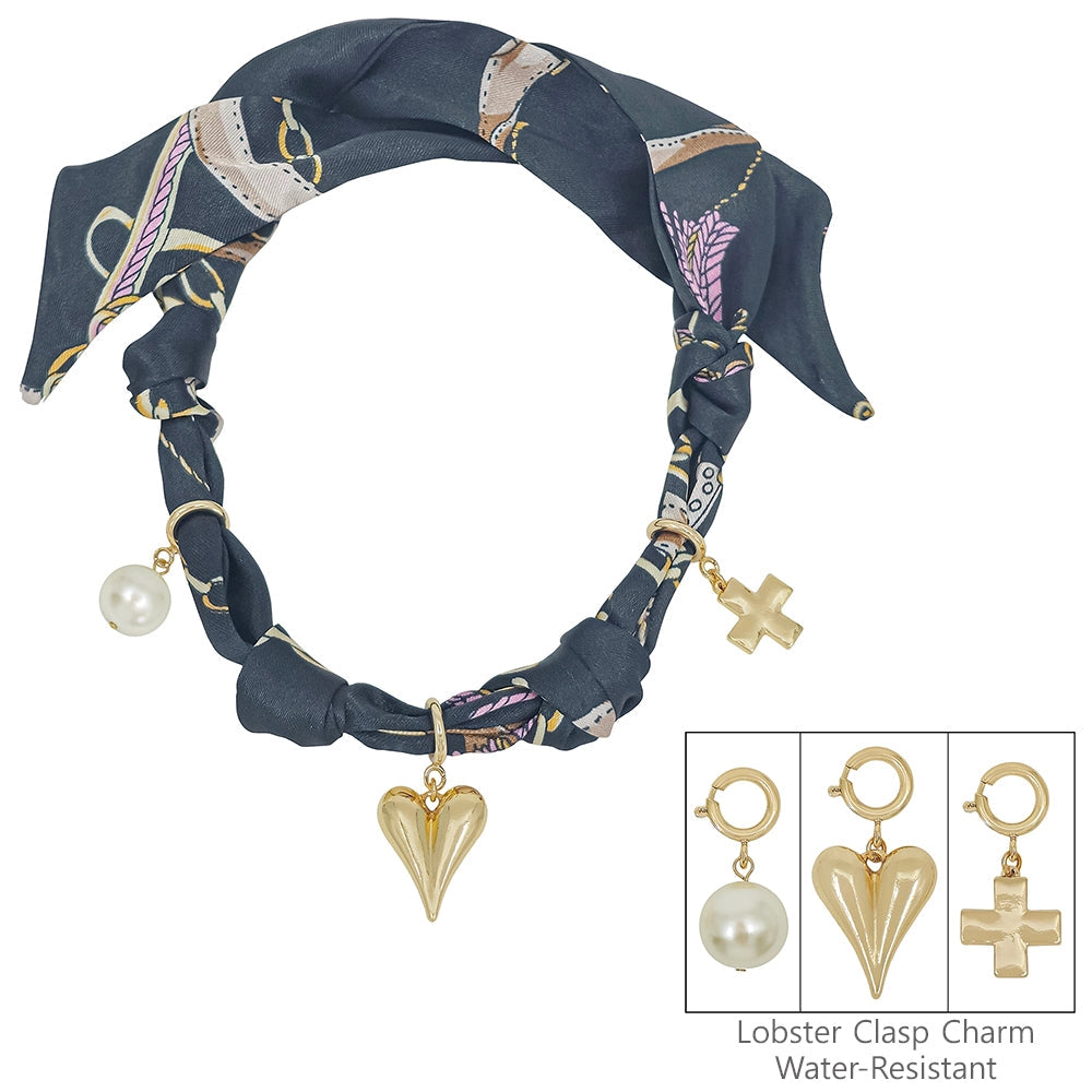 Black Scarf Necklace w/heart, pearl, cross