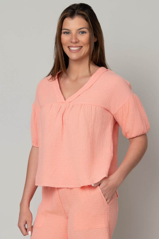 V-Neck Elbow Puff Top