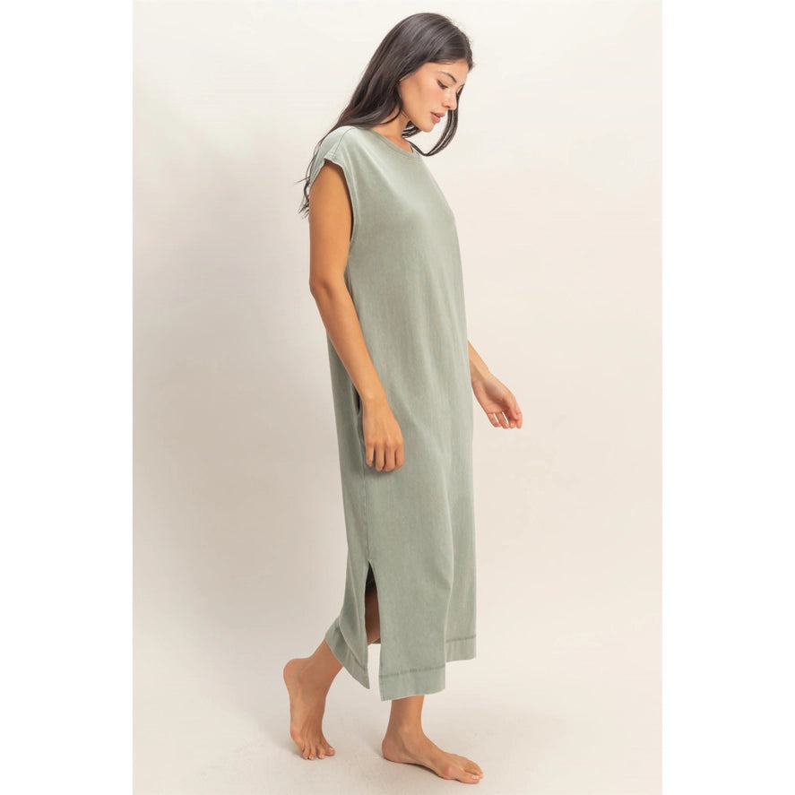 Mineral Wash Cap Sleeve Midi Dress