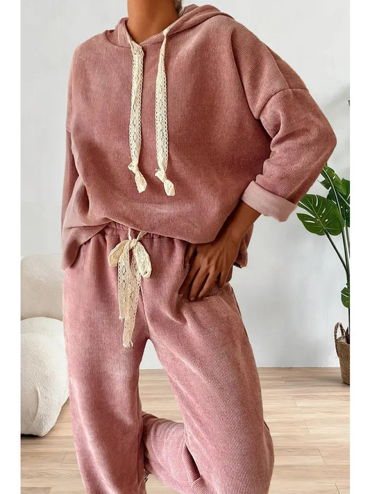 Hoodie and High Waist Pants Corduroy Set