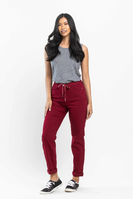 Judy Blue HW Pull On Cuff Jogger - Scarlet