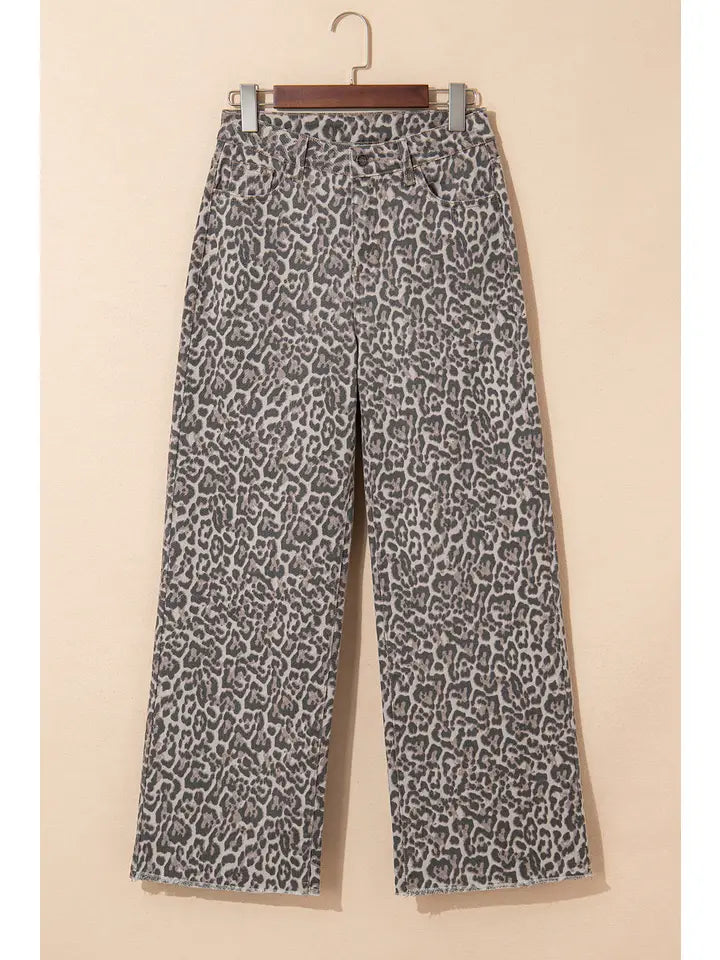 Leopard Frayed Wide Leg Jeans