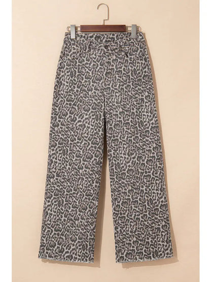 Leopard Frayed Wide Leg Jeans