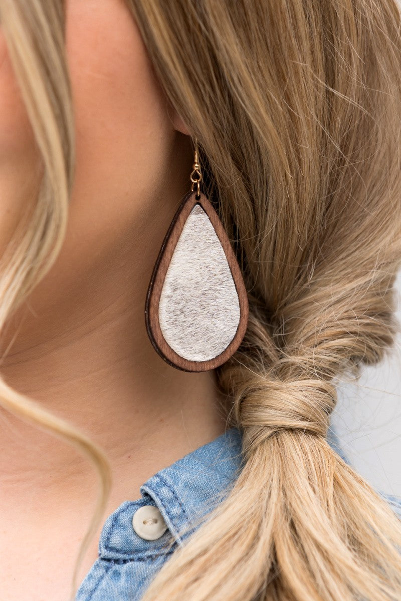 Leather & Wood Teardrop Earrings