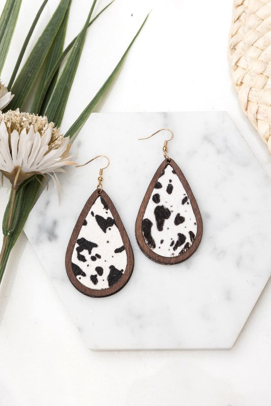 Leather & Wood Teardrop Earrings