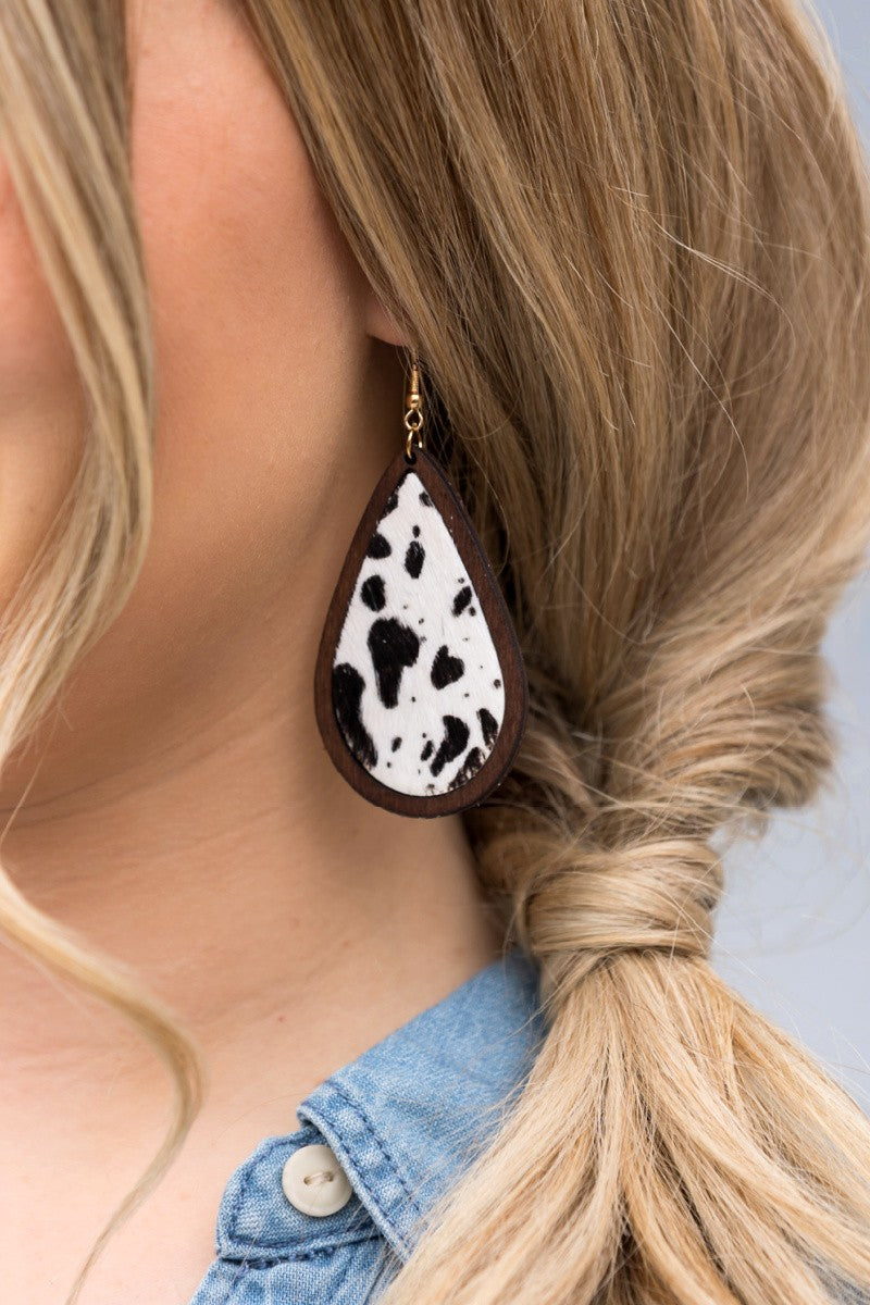 Leather & Wood Teardrop Earrings