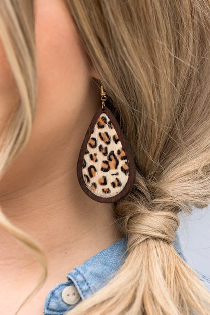 Leather & Wood Teardrop Earrings