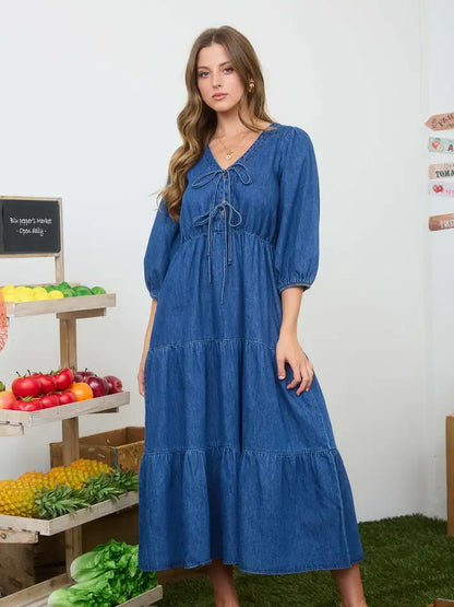 Front Tie Tiered Denim Midi Dress