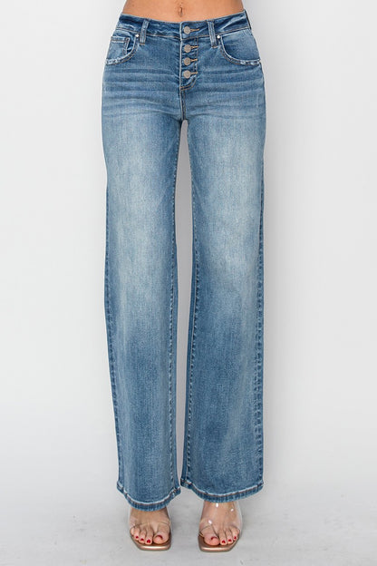 MID RISE BUTTON DOWN WIDE JEANS