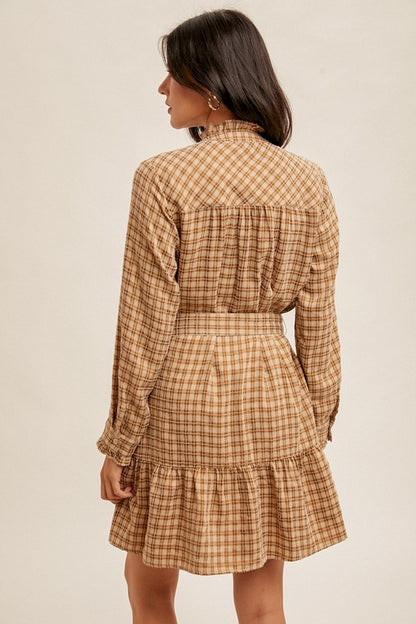 PLAID BELTED RUFFLE SHIRT DRESS