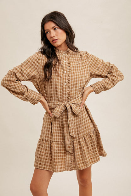 PLAID BELTED RUFFLE SHIRT DRESS