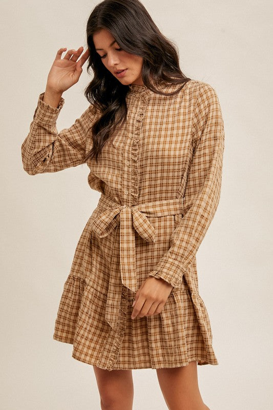 PLAID BELTED RUFFLE SHIRT DRESS