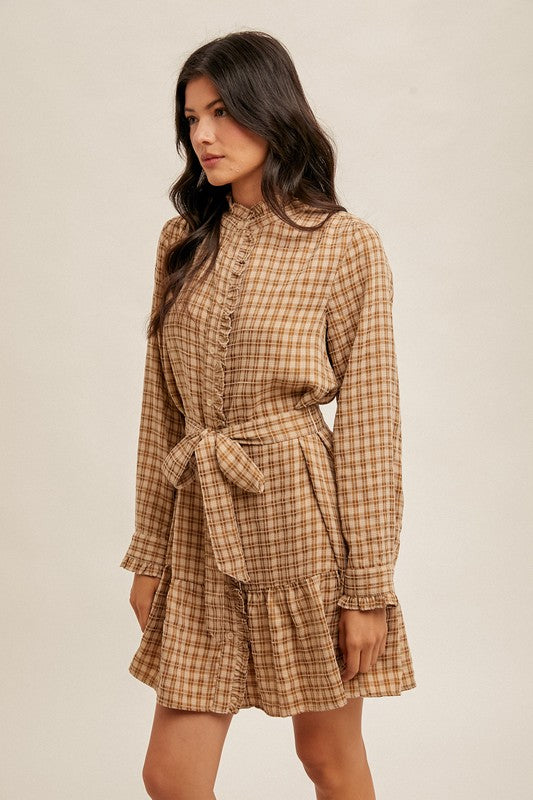 PLAID BELTED RUFFLE SHIRT DRESS