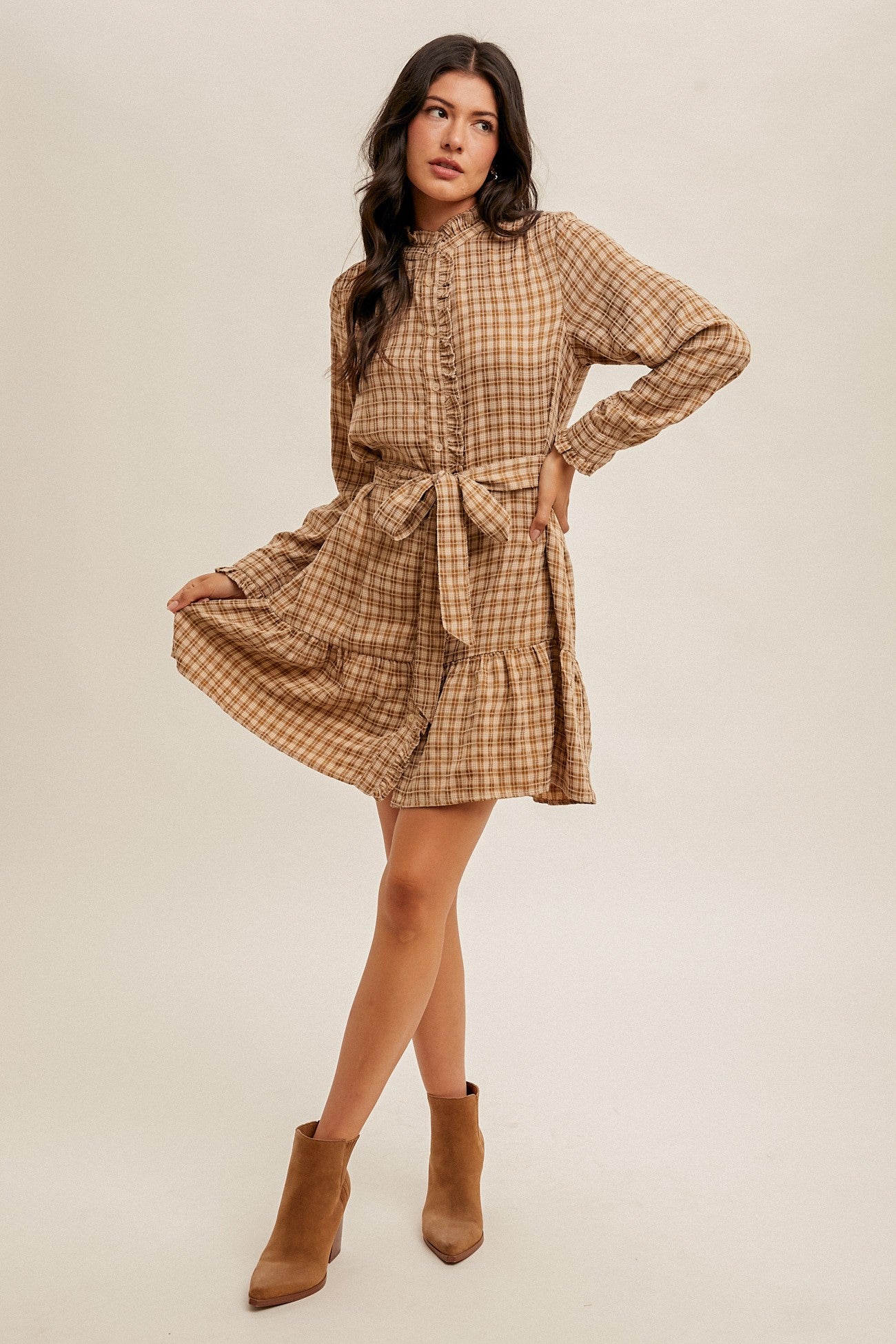 PLAID BELTED RUFFLE SHIRT DRESS