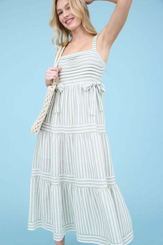 STRIPE TIE SLEEVELESS MIDI DRESS