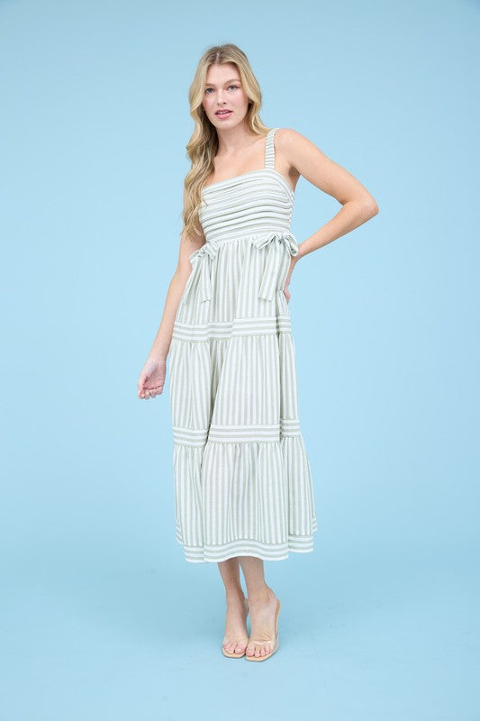 STRIPE TIE SLEEVELESS MIDI DRESS