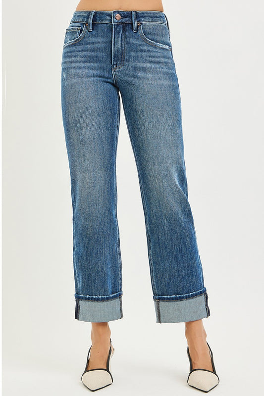 Slouchy Straight Jeans Cuffed Hem