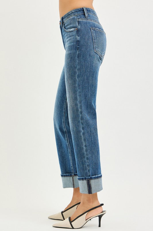 Slouchy Straight Jeans Cuffed Hem