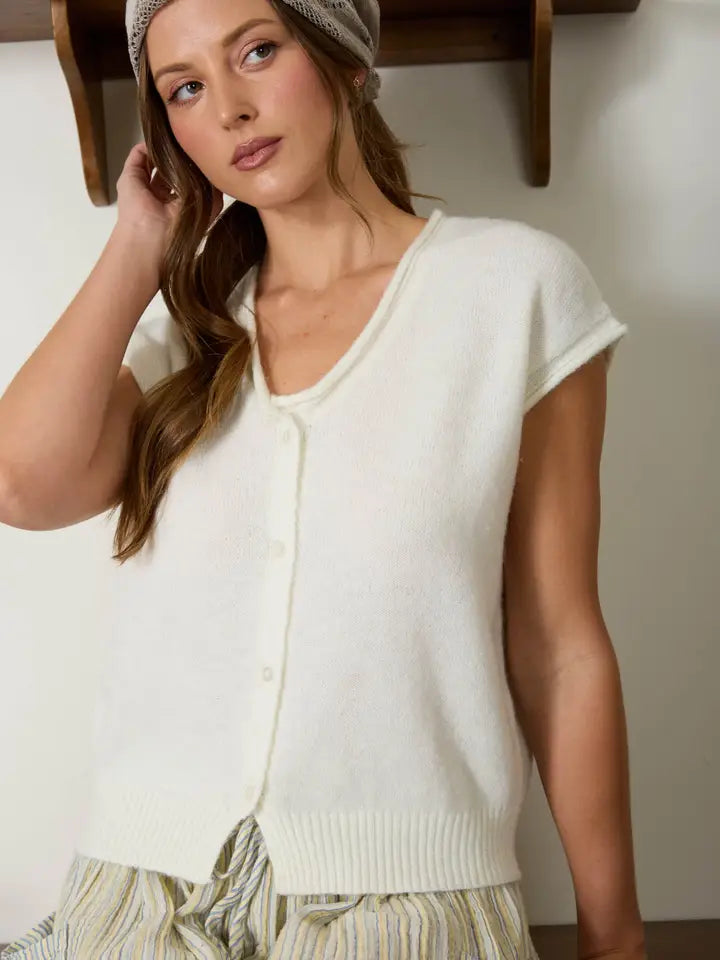 Soft Raw Edge V Neck Sweater - Sleeveless in Cream