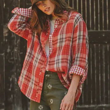 Double Gauze Plaid Oversized Button-Down Shirt