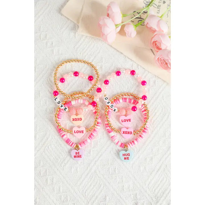 Heart Pendant Beaded Elastic Bracelet Set