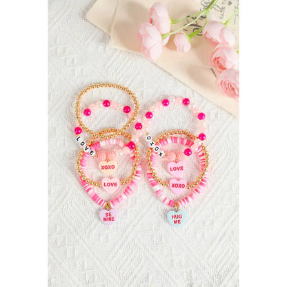 Heart Pendant Beaded Elastic Bracelet Set