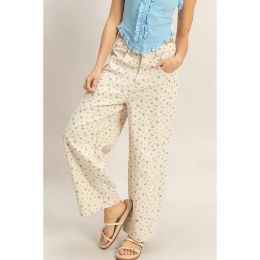 Washed Floral Wide-Leg Pants
