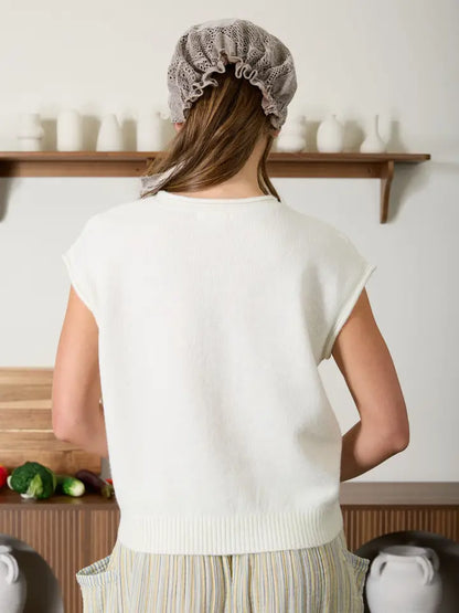 Soft Raw Edge V Neck Sweater - Sleeveless in Cream