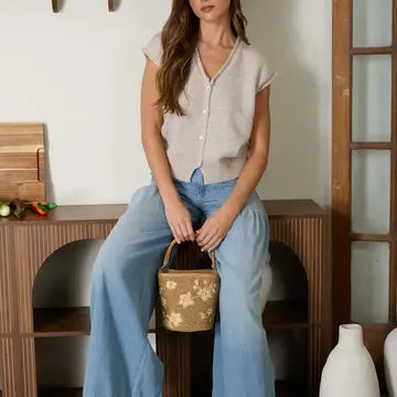 Soft Raw Edge V Neck Sweater - Sleeveless in Cream