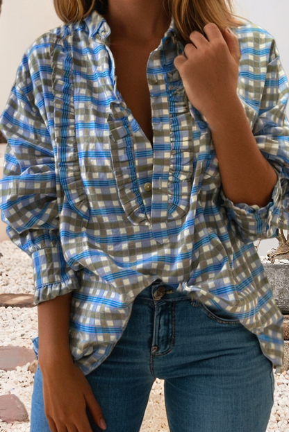 Plaid Frilled Half Button Blouse
