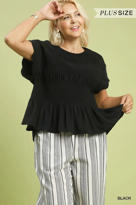 Linen Blend Smocked Peplum Top