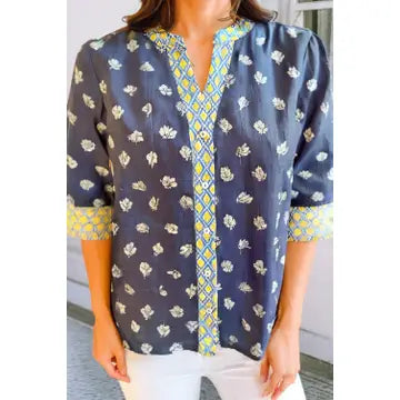Floral Print 3/4 Sleeve Contrast Trim