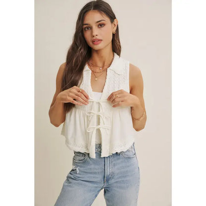 Persian Summer Delicate Pointelle Knit Vest with Scallop Hem