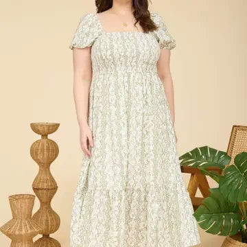 Plus Wavy Floral Smocked Puff Sleeve Midi Dress - Olive