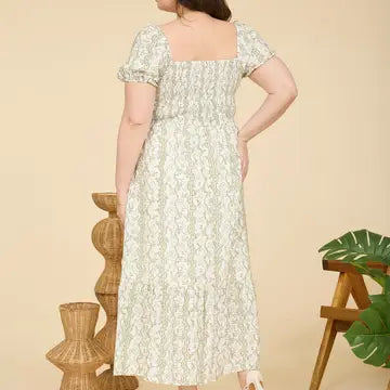 Plus Wavy Floral Smocked Puff Sleeve Midi Dress - Olive