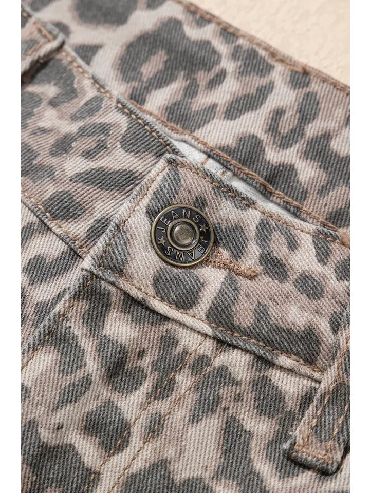 Leopard Frayed Wide Leg Jeans