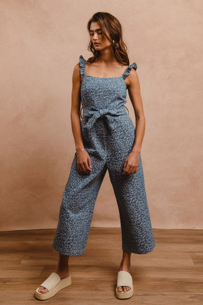 Denim Leopard Prints Scallops Overall