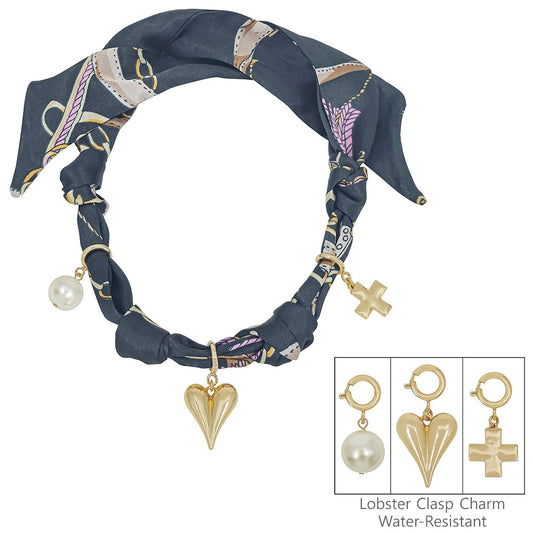 Black Scarf Necklace w/heart, pearl, cross