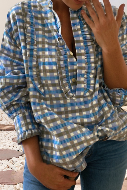 Plaid Frilled Half Button Blouse