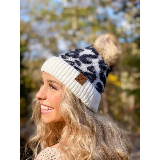 Latte Leopard Pom Beanie