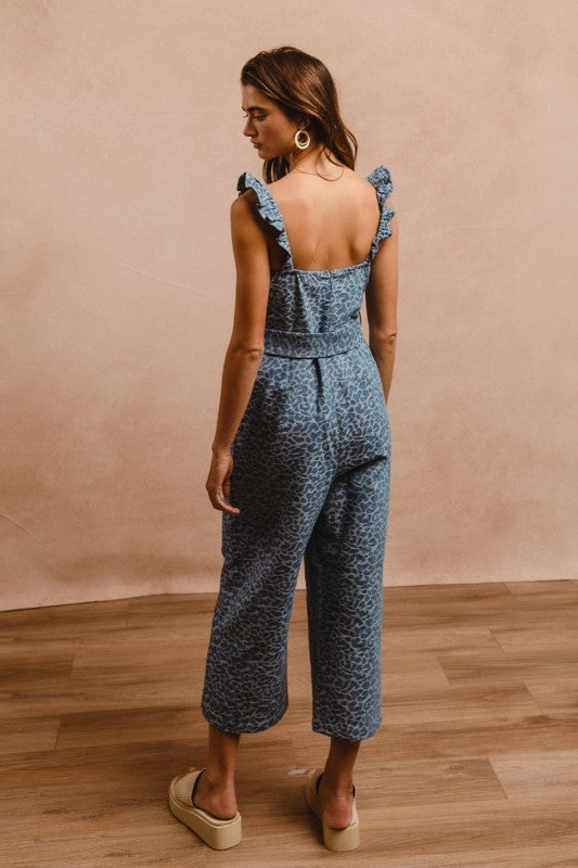 Denim Leopard Prints Scallops Overall