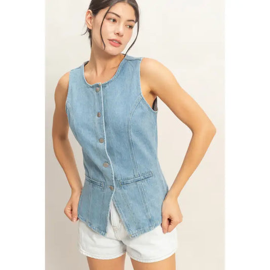 Button-Front Sleeveless Denim Vest