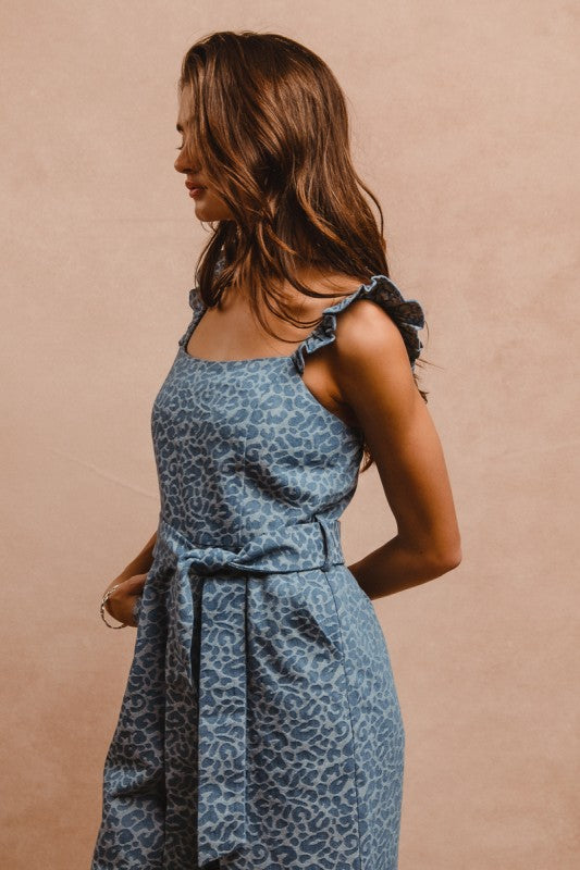 Denim Leopard Prints Scallops Overall