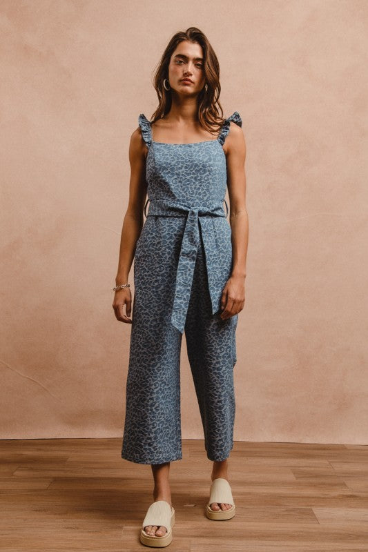 Denim Leopard Prints Scallops Overall