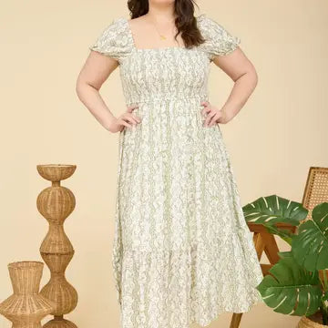 Plus Wavy Floral Smocked Puff Sleeve Midi Dress - Olive