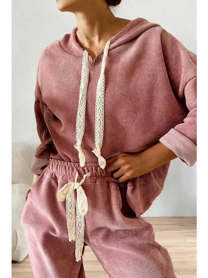 Hoodie and High Waist Pants Corduroy Set