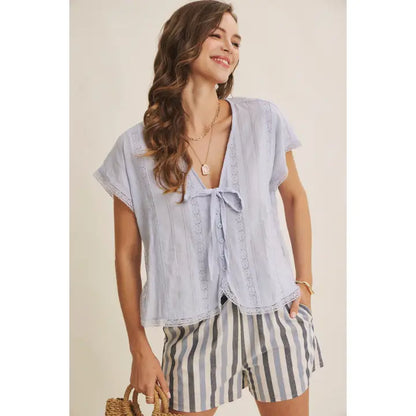 Lace Wanderlust Relaxed Button-Down Blouse with Dolman Slvs