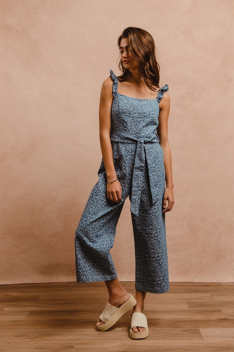 Denim Leopard Prints Scallops Overall