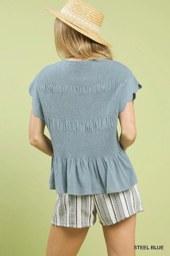 Linen Peplum Smocked Top
