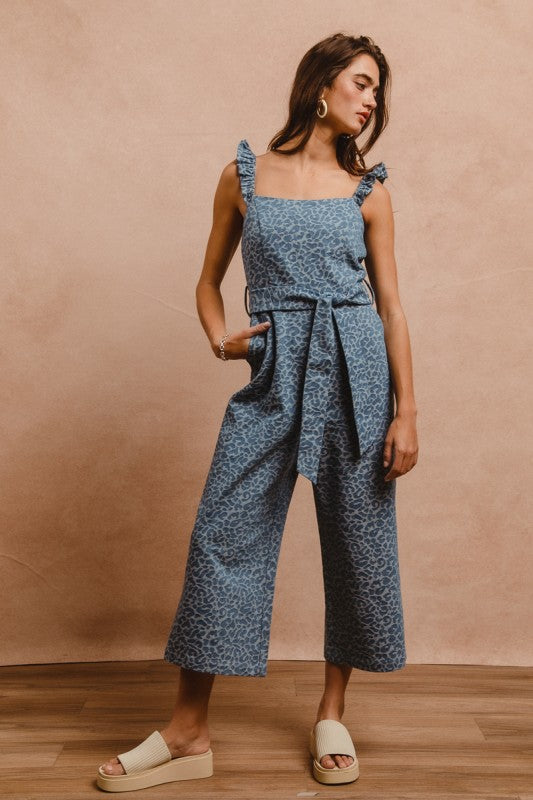 Denim Leopard Prints Scallops Overall